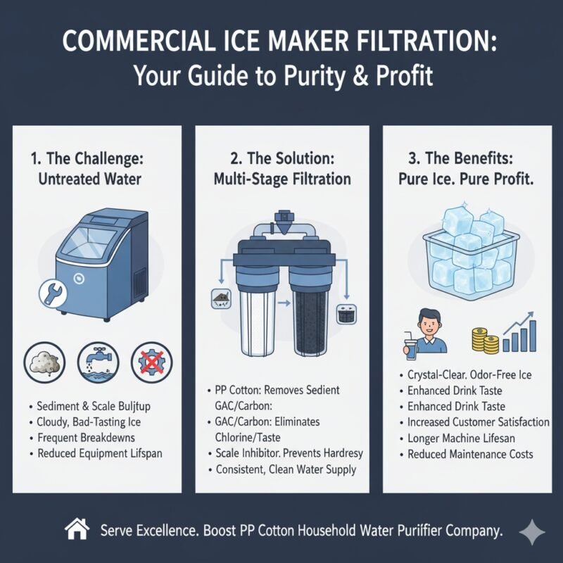 A detailed cutaway view of a specialized inline cartridge filter used in commercial settings, illustrating the multi-stage media inside (including the initial pp cotton layer). This diagram clarifies the function of 'water filters for ice maker commercial,' explaining how they tackle both sediment and scale to maximize uptime, a solution offered by a pp cotton household water purifier company.