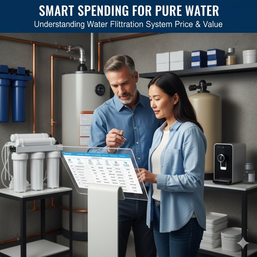 Detailed chart comparing the full water filtration system price range, including initial cost, installation, and long-term maintenance from a pp cotton household water purifier company.