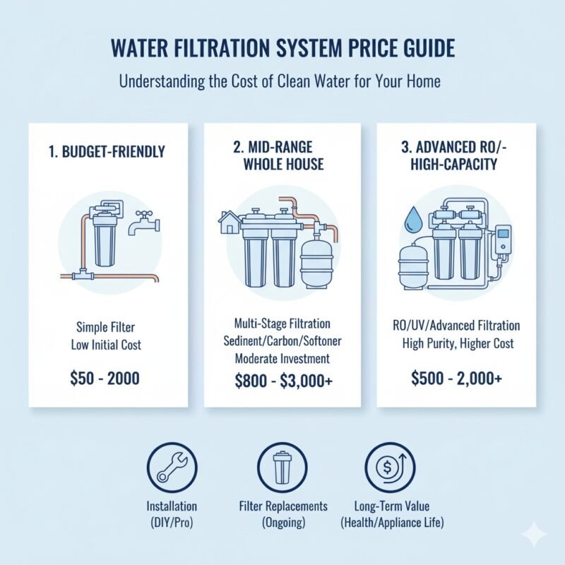 Stack of different water filter cartridges (like PP cotton and carbon) next to a price tag, visually explaining the components that contribute to the final water filtration system price offered by a pp cotton household water purifier company.