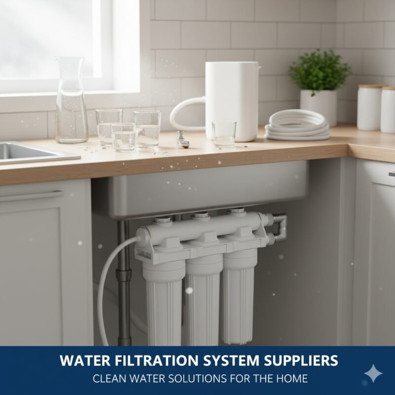 Water filtration system suppliers banner showing compact, brandless components perfect for a home setup, ideal for a pp cotton household water purifier company blog post focusing on reliable and convenient domestic water purification solutions.