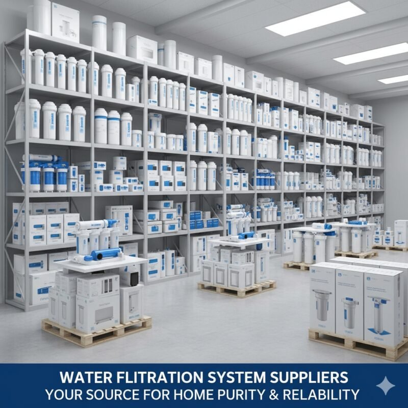 Water filtration system suppliers banner showing diverse inventory of pp cotton household water purifier company components and units, emphasizing a wide, professional supply of quality household water purification products for distributors.