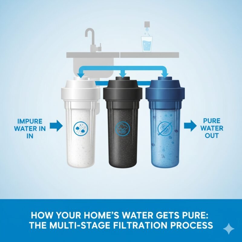 Diagram explaining the multi-stage process offered by water filtration system suppliers, detailing how each filter in a pp cotton household water purifier company product works to provide safe, clean water for the entire family.