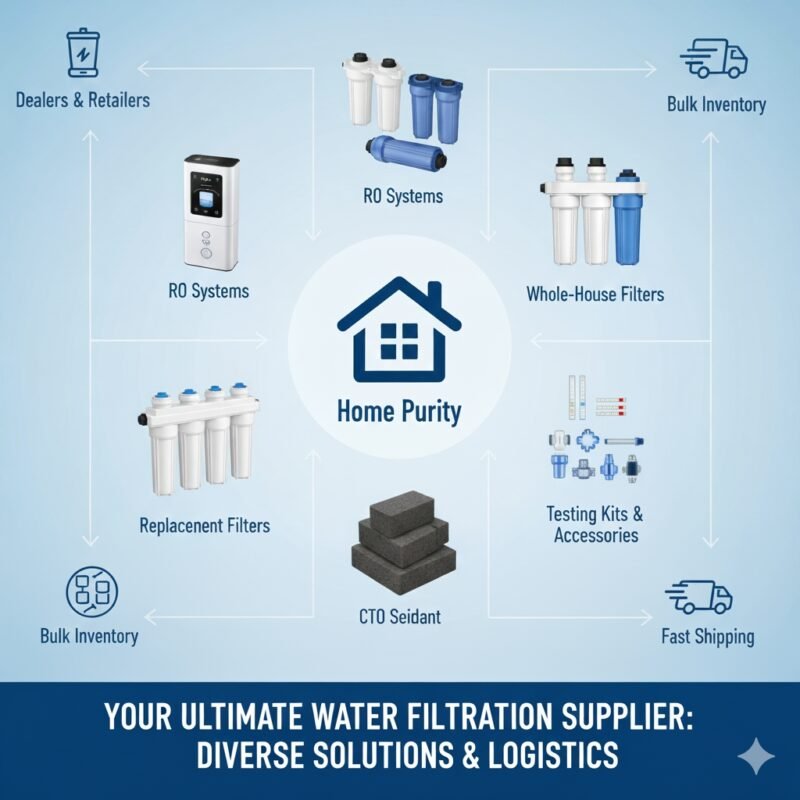 Infographic illustrating the full product range of water filtration system suppliers, detailing the various filters and systems (excluding softeners) that a pp cotton household water purifier company provides for wholesale and retail partners.