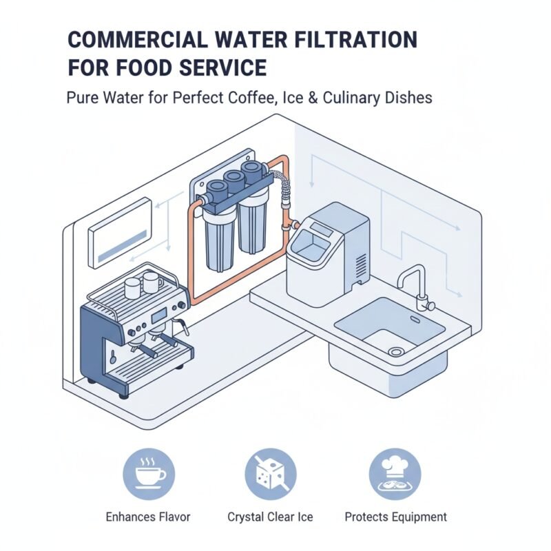 A compact, modern water filtration systems for businesses** unit installed discreetly under a counter in a cafe setting, illustrating the perfect solution for small commercial needs from a pp cotton household water purifier company.