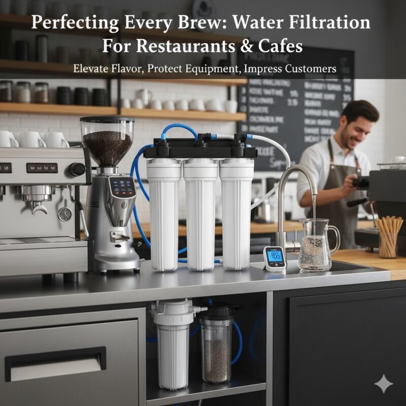 A modern cafe counter with a barista preparing coffee, showcasing a compact under-counter water filtration system for businesses, ensuring high-quality water for beverages and protecting equipment.