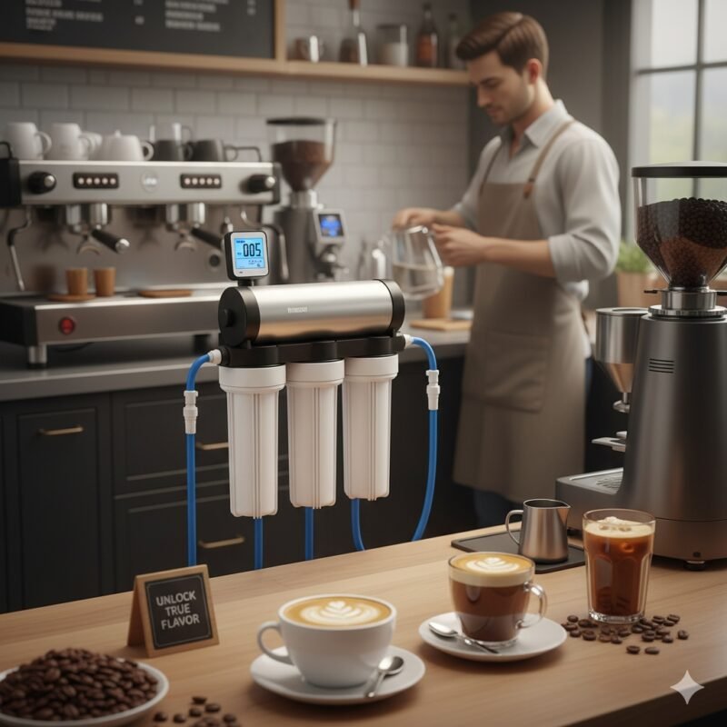 Close-up of a multi-stage water filtration system for businesses, integrated with a professional espresso machine in a cafe, emphasizing pure water for superior coffee taste and efficient operations.