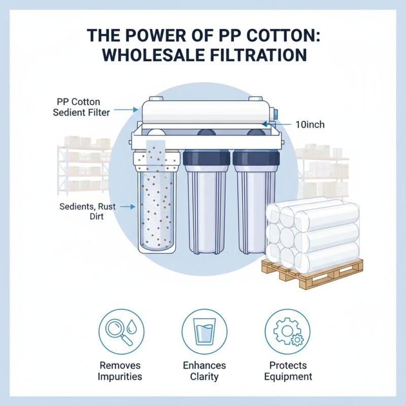 Stock of bundled pp cotton water purifier units and filters ready for shipping, illustrating the competitive water purifier wholesale price structure offered by a pp cotton household water purifier company.