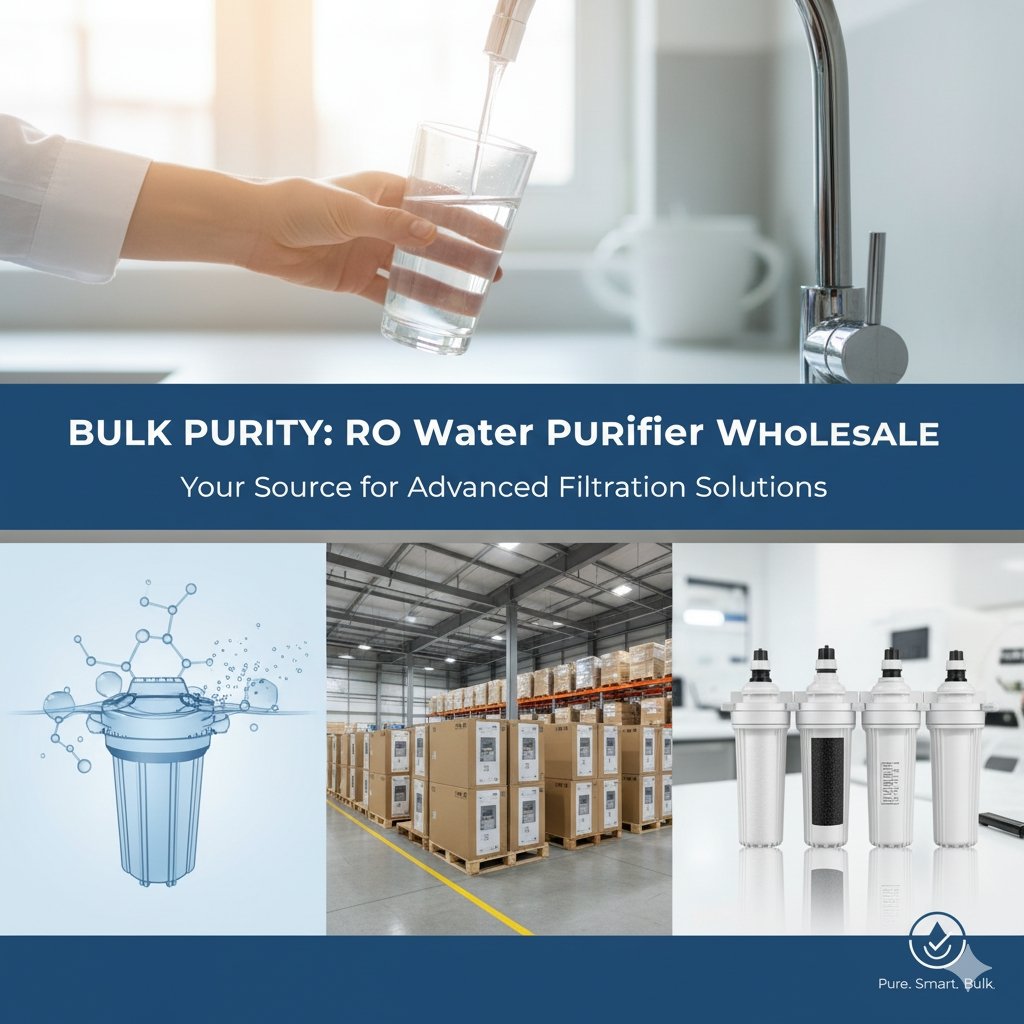 A professional warehouse setting with rows of neatly stacked, unbranded Reverse Osmosis (RO) water purifier units ready for bulk shipping. This image targets the 'ro water purifier wholesale' market, illustrating the high volume production and supply chain capacity of a large pp cotton household water purifier company for B2B distribution.