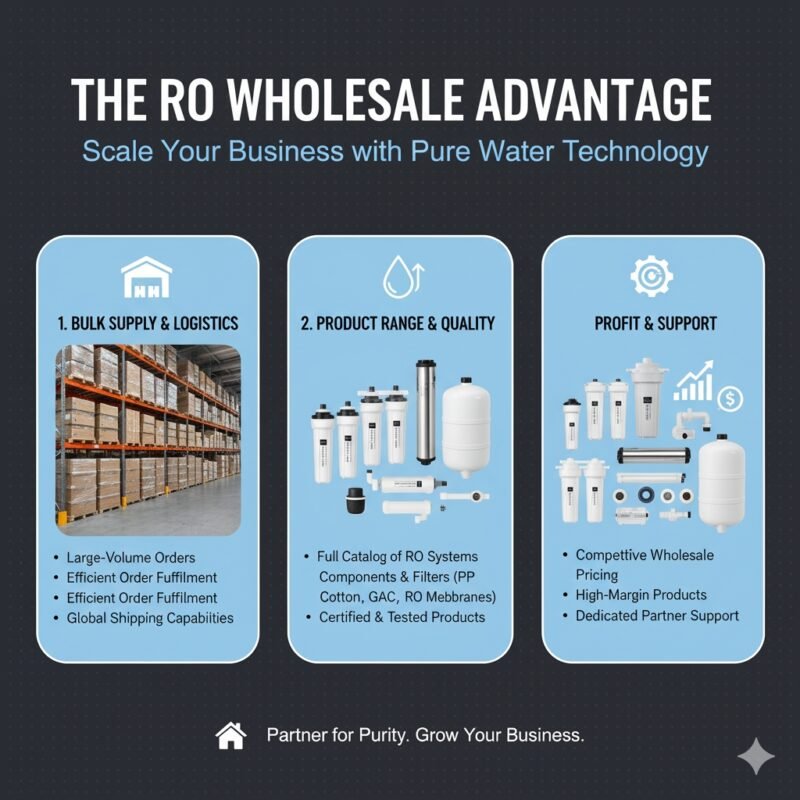 A visual showing a supply chain diagram, starting from raw materials (like pp cotton filter media) to a factory floor assembling RO water purifiers, culminating in pallets ready for distribution. This illustrates the entire process behind 'ro water purifier wholesale,' highlighting efficient manufacturing and quality control from a reliable pp cotton household water purifier company.