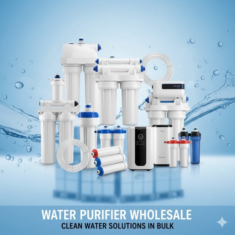 Water purifier wholesale cover image featuring diverse, brandless filter components and housings. Ideal for a pp cotton household water purifier company blog post, representing professional bulk supply and a wide range of water treatment solutions.
