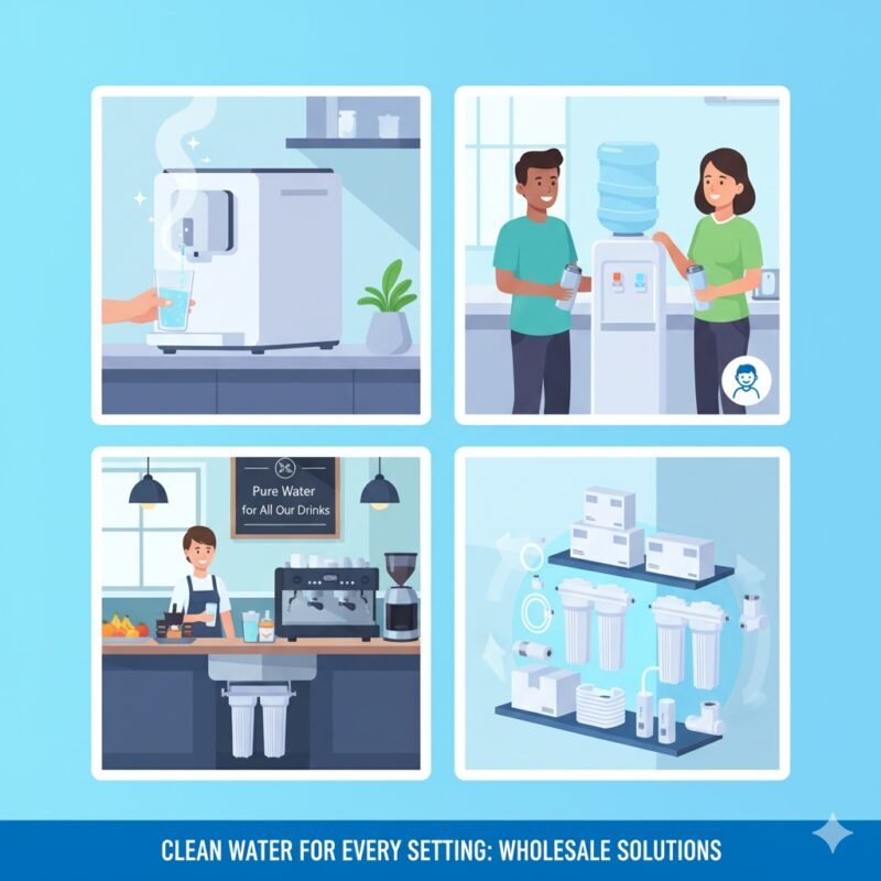 Versatile applications of water purifier wholesale products in different settings—home, office, and commercial. Highlights the broad market reach of a reliable pp cotton household water purifier company and the pure water benefits for various users.