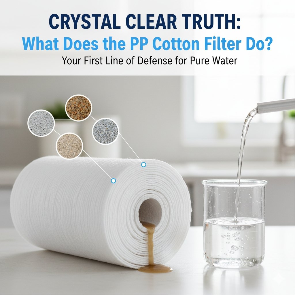 A magnified cross-section view of a spun polypropylene (pp cotton) sediment filter cartridge, showing its dense structure trapping particles of dirt and rust. This image clarifies, 'what does the pp cotton filter do' as the crucial first stage of filtration for any system from a pp cotton household water purifier company, protecting subsequent filters and improving water clarity.