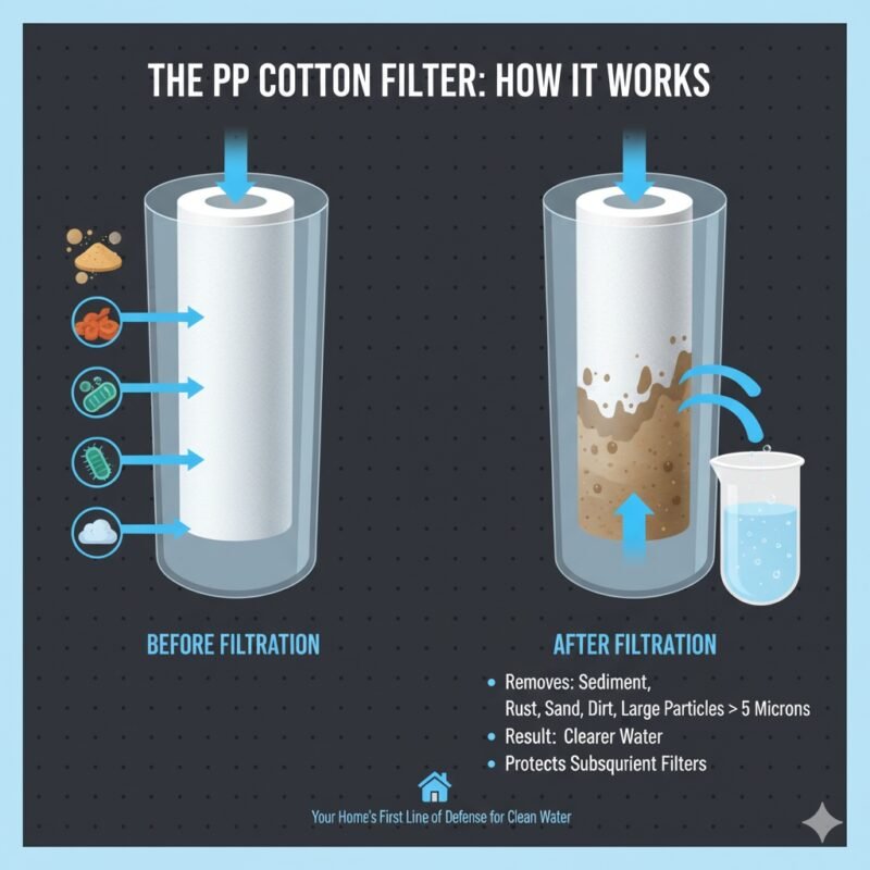 A simple flow diagram showing unfiltered water entering a system and passing through the first stage filter labeled 'PP Cotton Sediment Filter,' with visible sediment being stopped. This illustration explains 'what does the pp cotton filter do' by visually demonstrating its role in removing large solids and sediments, a foundational step recommended by a pp cotton household water purifier company.