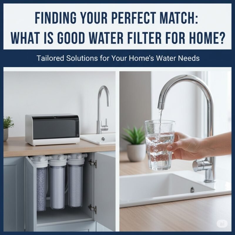 A split image showcasing both an under-sink water filter system in a clean kitchen cabinet and a countertop filter providing clear drinking water. This visual guide helps answer 'what is a good water filter for home' by demonstrating common residential options and their placement, assisting homeowners in selecting the right purification system from a pp cotton household water purifier company.