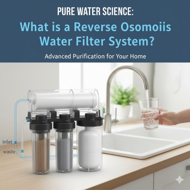 A polished, multi-stage filtration unit with a clean design visible under a kitchen sink area, emphasizing the core Reverse Osmosis (RO) component. The image clearly explains, 'what is a reverse osmosis water filter system,' detailing its advanced purification capabilities for highly pure drinking water, as showcased by a leading pp cotton household water purifier company.
