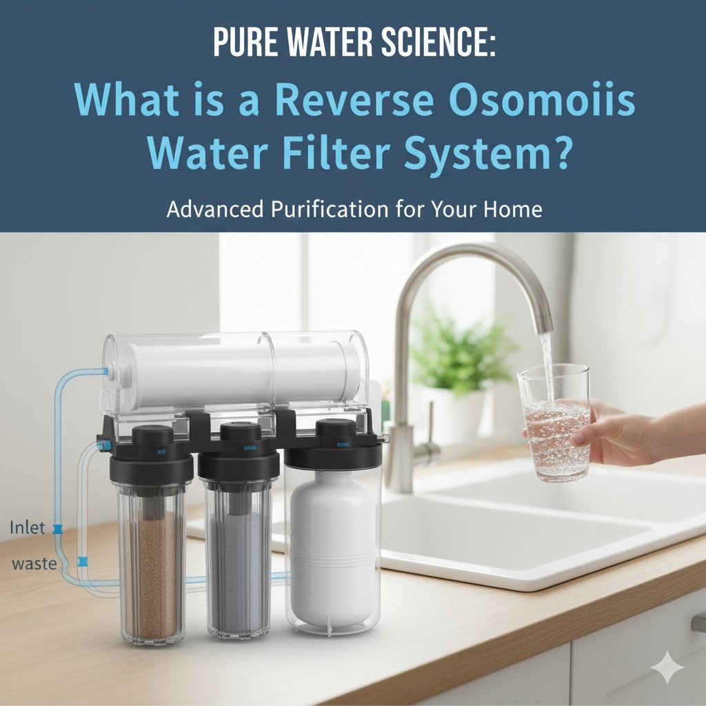 A polished, multi-stage filtration unit with a clean design visible under a kitchen sink area, emphasizing the core Reverse Osmosis (RO) component. The image clearly explains, 'what is a reverse osmosis water filter system,' detailing its advanced purification capabilities for highly pure drinking water, as showcased by a leading pp cotton household water purifier company.