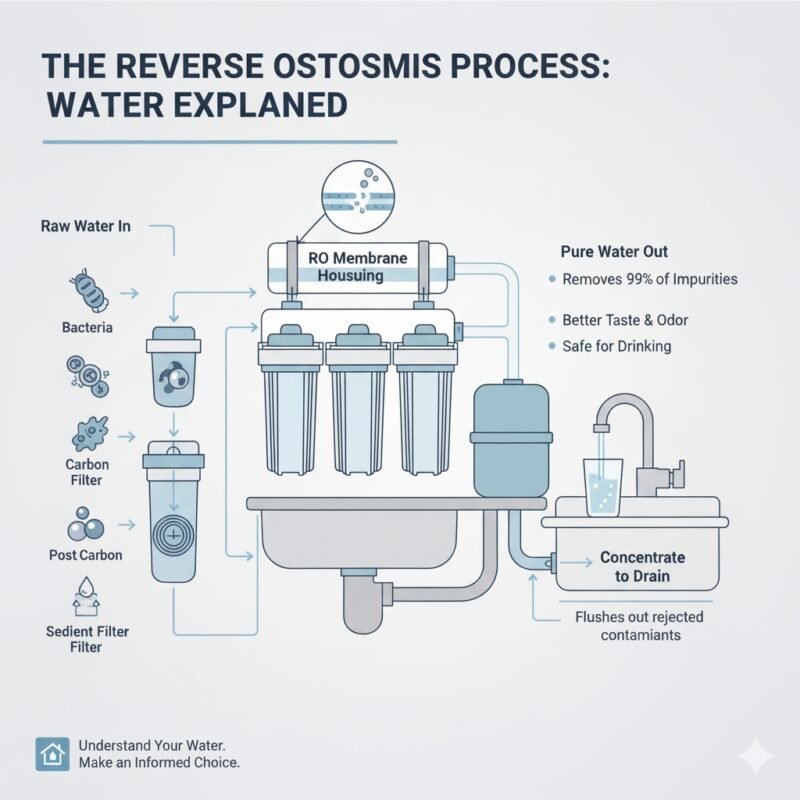 A diagram illustrating the five stages of a typical Reverse Osmosis (RO) water filtration process: Sediment (including pp cotton), Carbon, RO Membrane, Storage Tank, and Post-Carbon filter. This visual answers the question, 'what is a reverse osmosis water filter system' by breaking down the function of each stage, providing a comprehensive guide from a knowledgeable pp cotton household water purifier company.