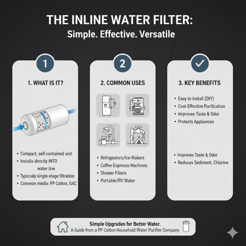 A diagram illustrating the installation of an inline water filter directly into a small water supply line leading to a coffee maker or dispenser. This visual explains 'what is an inline water filter' by showing how it integrates directly into the pipework for immediate, localized filtration, a common component provided by a pp cotton household water purifier company.