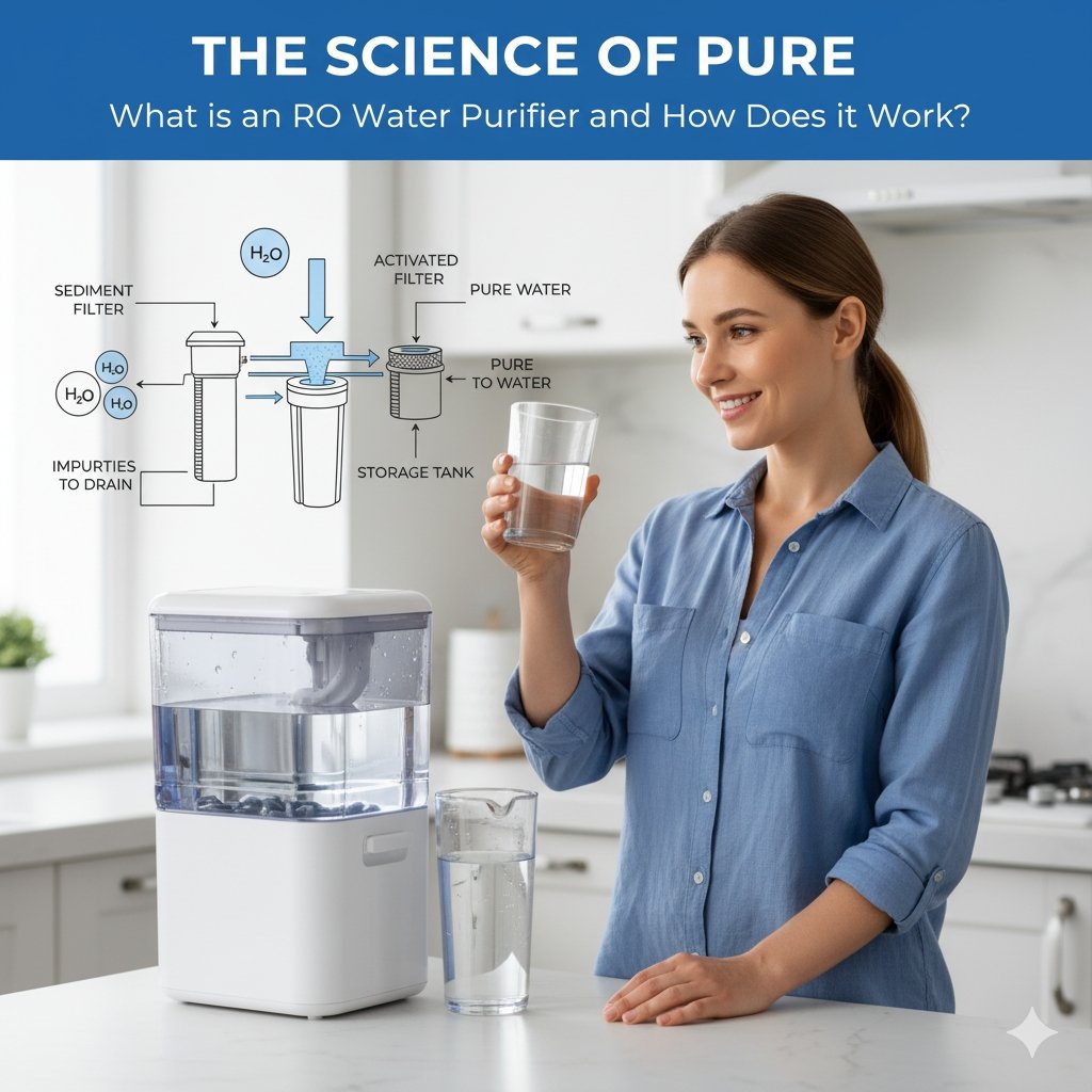 A woman holding a glass of pure water in a modern kitchen, with a diagram explaining what is an RO purifier and its filtration process, highlighting the benefits of reverse osmosis for drinking water.