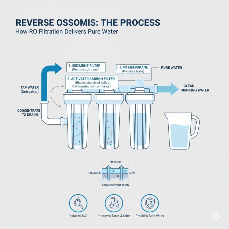An illustrative diagram explaining what is an RO purifier, detailing the multi-stage reverse osmosis filtration process from tap water input through sediment, carbon, and RO membrane filters to produce clean drinking water.