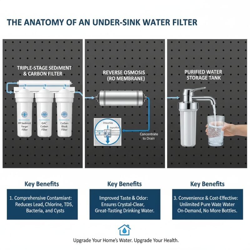 An infographic comparing different types of under-sink water filters, including multi-stage sediment (like pp cotton) and carbon filters, with pros and cons listed for each. This visual guide answers 'what is the best under sink water filter' by detailing filtration capacities and system differences, offering informed choices from a reputable pp cotton household water purifier company.