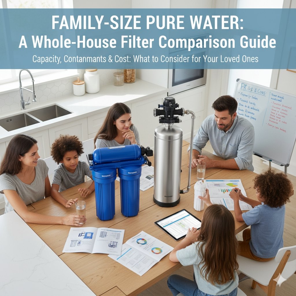 What to compare when choosing a whole-house water filter for a large family? Image shows different filter sizes and system specifications compared on a tablet, provided by a pp cotton household water purifier company.