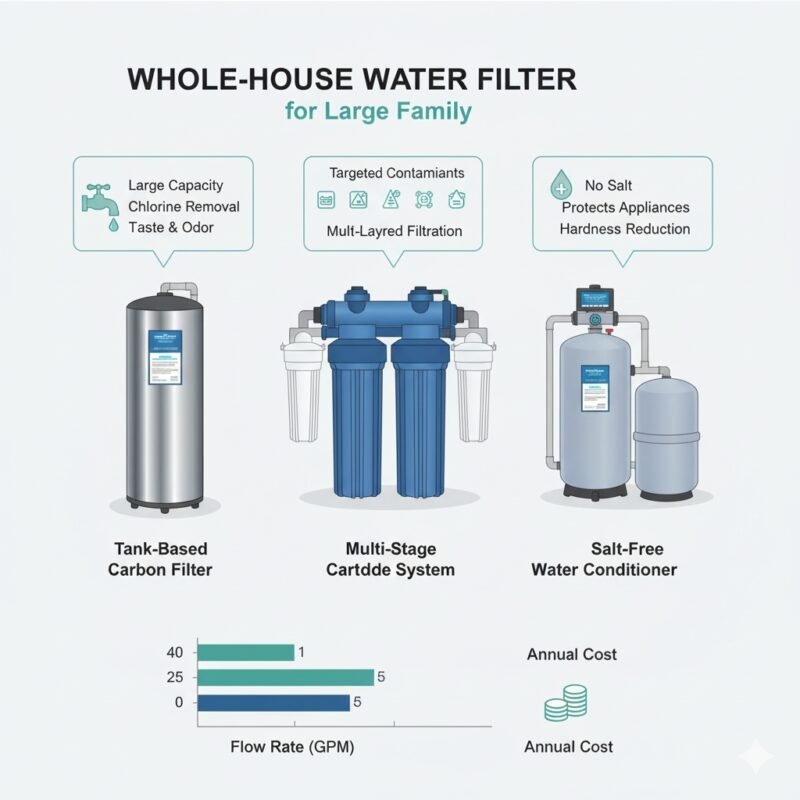 Visual comparison chart highlighting flow rate (GPM), filter lifespan, and maintenance costs for whole-house water filter options, helping large families choose. Information from a trusted pp cotton household water purifier company.
