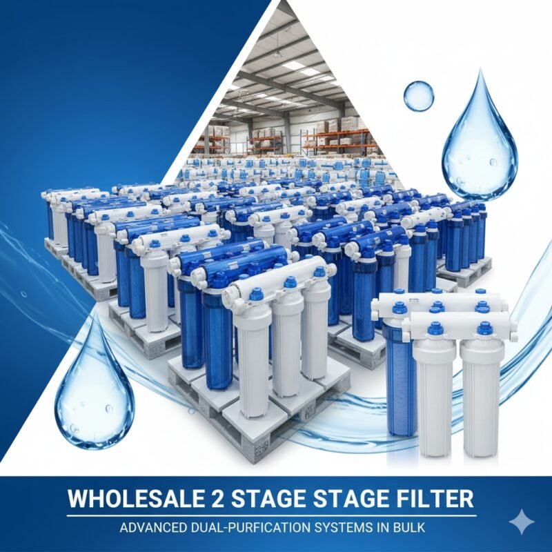 Wholesale 2 stage water filter supply image featuring multiple units ready for distribution. Perfect for a pp cotton household water purifier company blog post emphasizing efficient bulk purchasing of primary filtration systems.