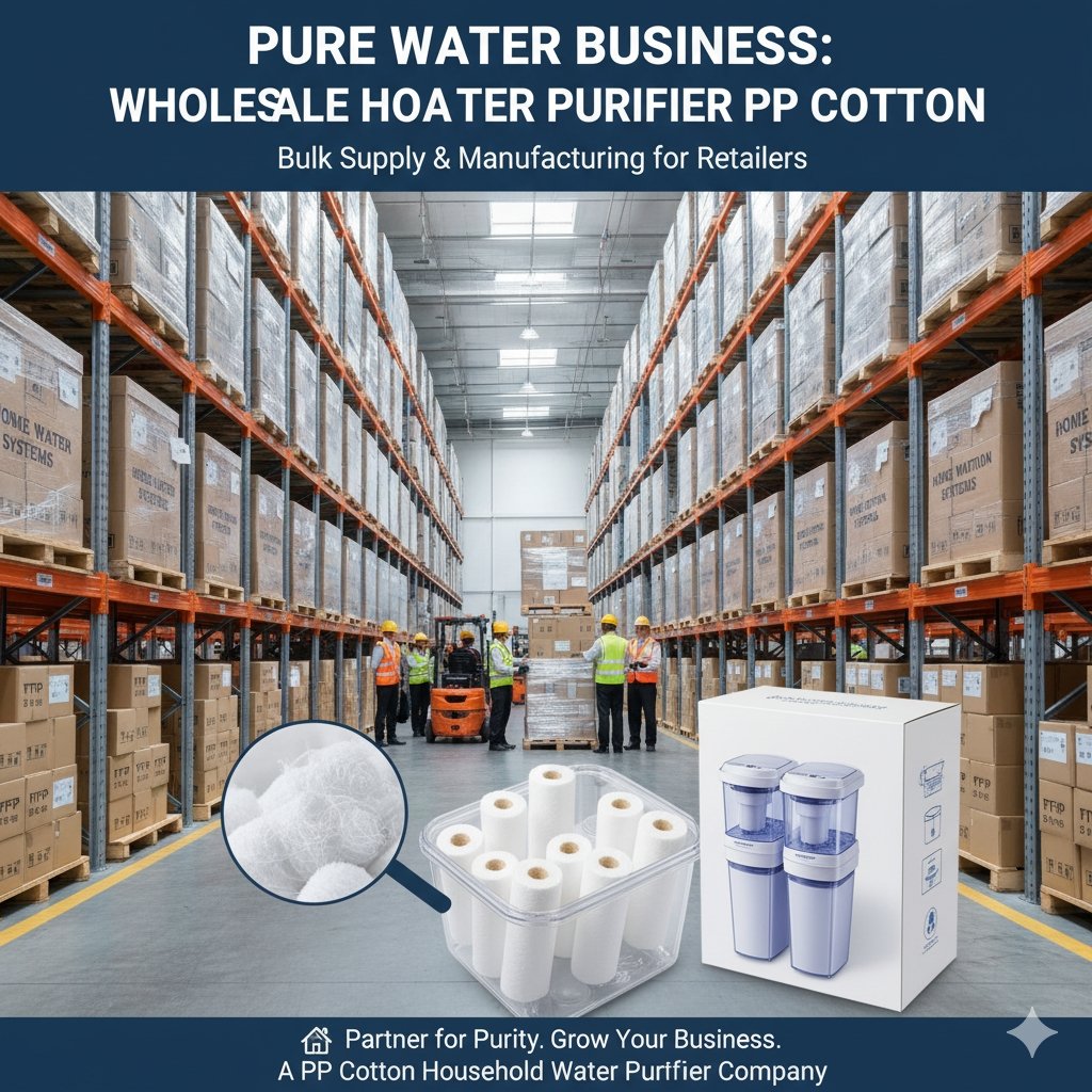 Pallets stacked high with boxed, unbranded residential water purifiers and bulk bags of PP cotton filter cartridges in a clean warehouse environment. This visual clearly conveys 'wholesale home water purifier pp cotton' availability, highlighting the mass inventory and distribution readiness of a specialized pp cotton household water purifier company for B2B clients.