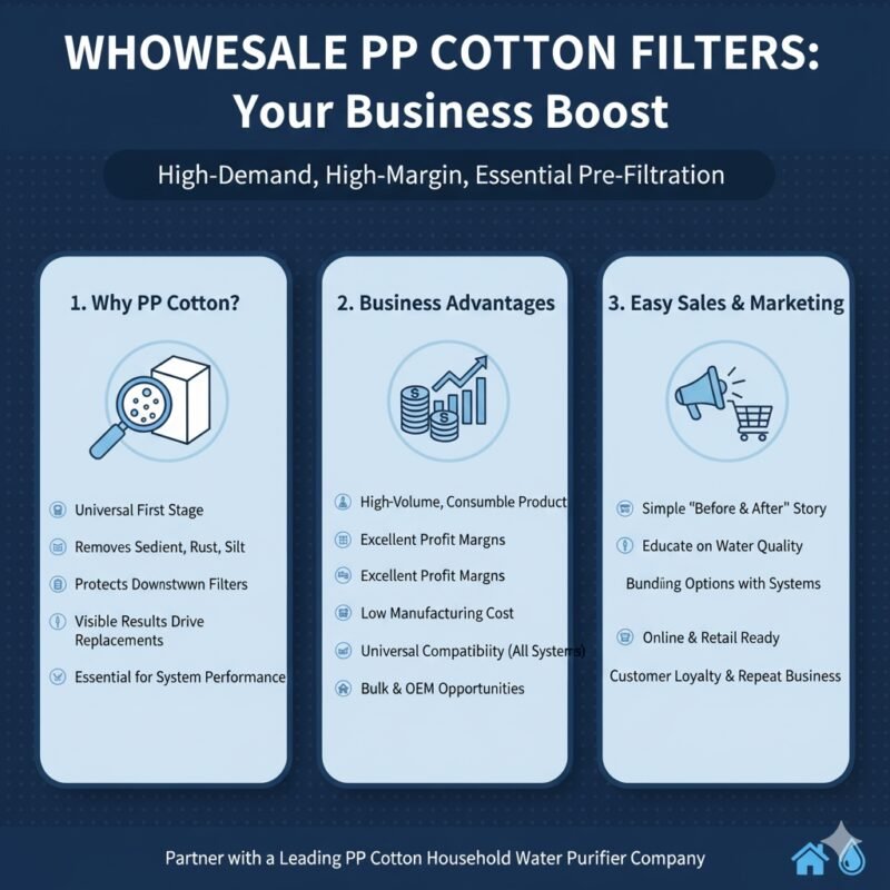 A commercial loading dock area with forklifts moving large quantities of water filtration systems and a close-up of a container full of pp cotton filters. This image reinforces the high-volume capacity required for 'wholesale home water purifier pp cotton' supply, demonstrating the logistical strength of a major pp cotton household water purifier company.