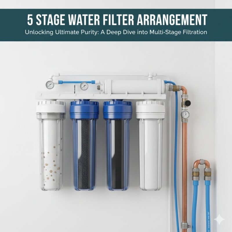5 stage water filter arrangement schematic, visually presenting the five distinct cartridges in sequence, highlighting the progression of filtration from sediment to final polishing. Detailed guide from a pp cotton household water purifier company.