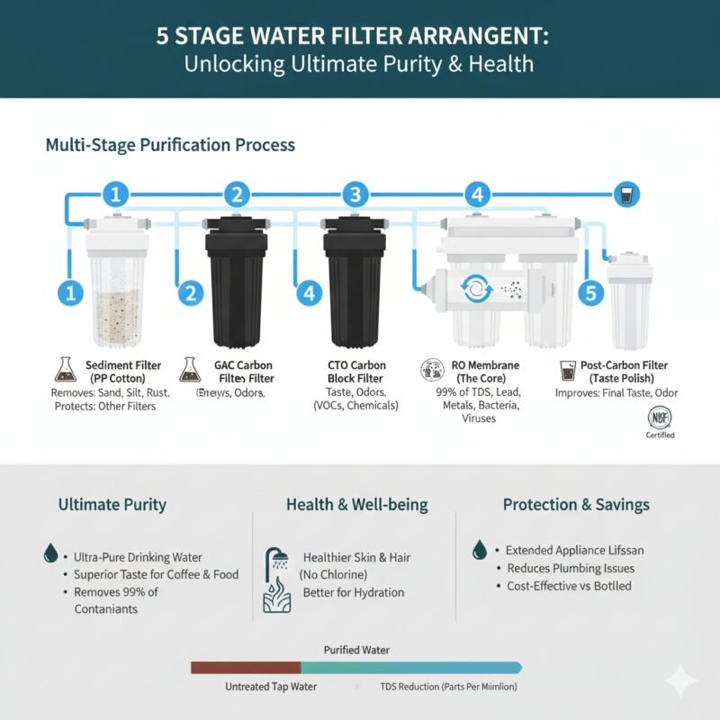 Diagram illustrating the function of each filter in a 5 stage water filter arrangement, specifically showing the path of water through the pp cotton sediment filter, pre-carbon, post-carbon, and specialty stages. Technical chart from a pp cotton household water purifier company.