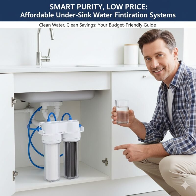 Affordable under-sink water filtration systems, featuring a budget-friendly two-stage unit neatly installed under a kitchen sink. A smart choice for clean water from a pp cotton household water purifier company.