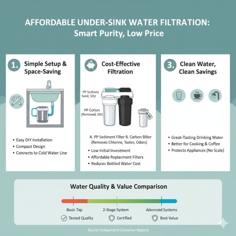 Diagram outlining the simple installation and benefits of affordable under-sink water filtration systems, including a pp cotton sediment filter and a carbon block filter. Cost-effective solutions from a pp cotton household water purifier company.