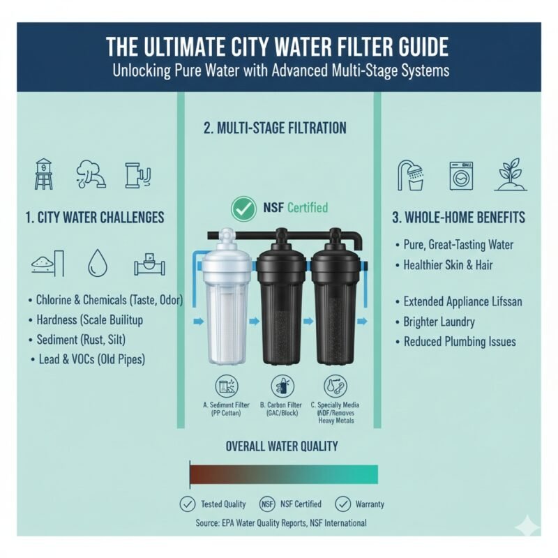 Infographic detailing a multi-stage water filter system, ideal for city water, highlighting the pp cotton sediment filter, activated carbon, and specialized media for comprehensive contaminant removal. Guide by a pp cotton household water purifier company.