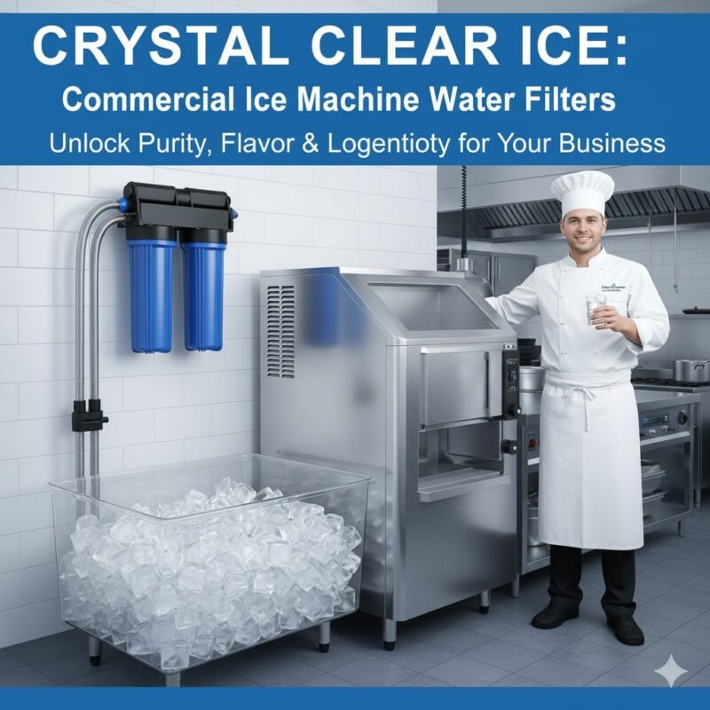 Best water filter for commercial ice machine shown in a professional kitchen, featuring a dual-stage filter system next to a large ice machine, ensuring clear ice. From a pp cotton household water purifier company.
