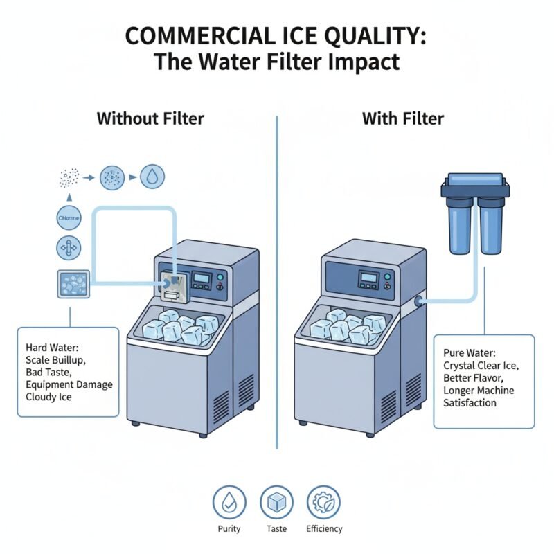 Infographic comparing ice quality from commercial ice machines with and without a water filter, highlighting the benefits of filtration for clarity and taste. Insights from a pp cotton household water purifier company.