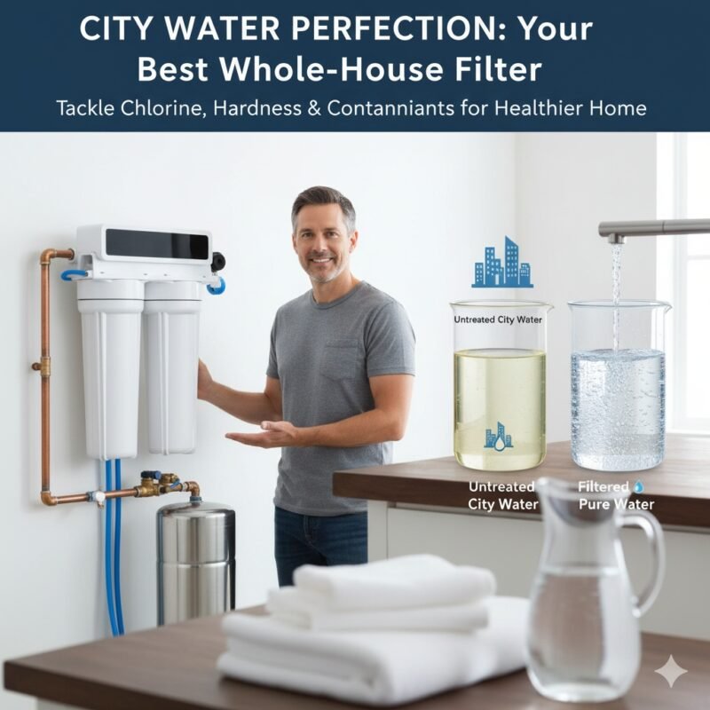 Best whole house water filter for city water installed, showing a high-performance system designed to tackle chlorine and sediment in municipal supplies. Top recommendation from a pp cotton household water purifier company.
