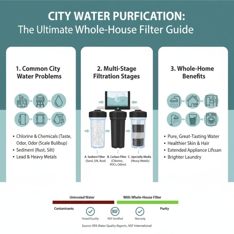 Infographic detailing the multi-stage filtration process recommended for city water, starting with a pp cotton sediment filter, followed by high-grade carbon media. Expert guide from a pp cotton household water purifier company.