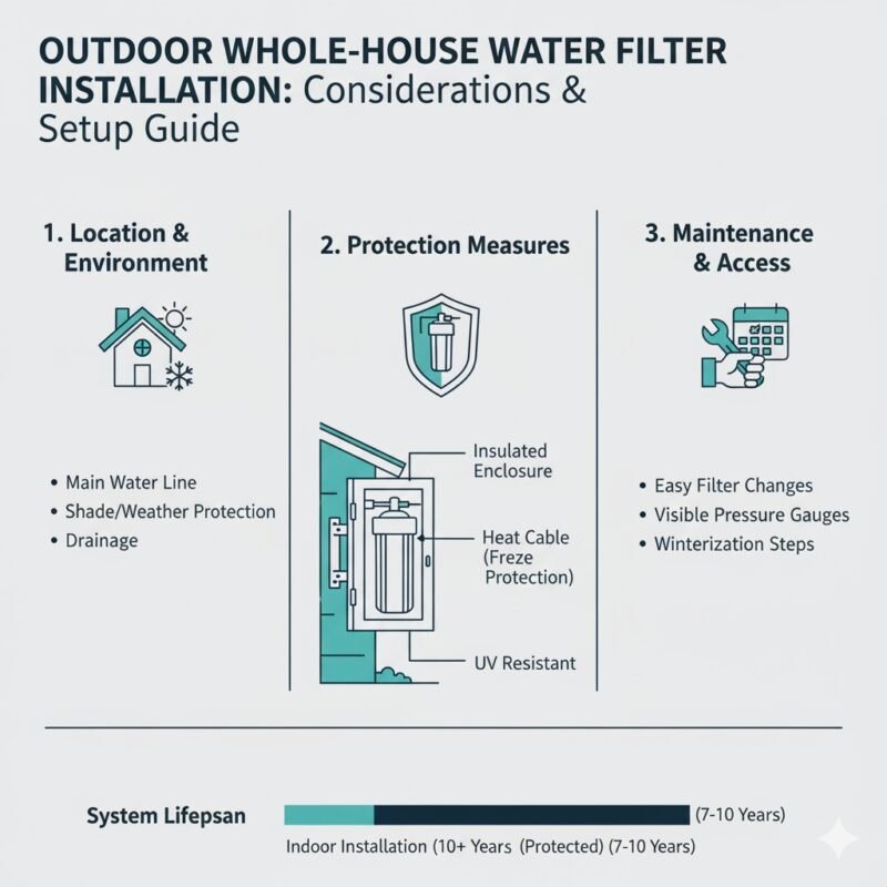 Diagram illustrating the correct outdoor installation of a whole house water filter, showing plumbing connections, essential insulation for winter, and UV shielding. Advice from a pp cotton household water purifier company.