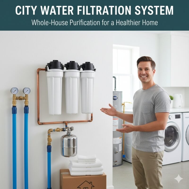 City water filtration system installed at the main entry point of a home, showing the large unit designed to remove chlorine and sediment from municipal water supply. Essential for urban living from a pp cotton household water purifier company.