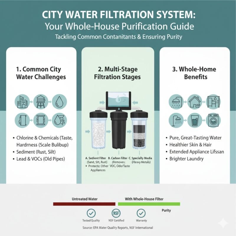 Schematic of a typical city water filtration system featuring multiple stages: a sediment (pp cotton) filter, followed by a large capacity activated carbon tank, ensuring clean household water. Advice from a pp cotton household water purifier company.