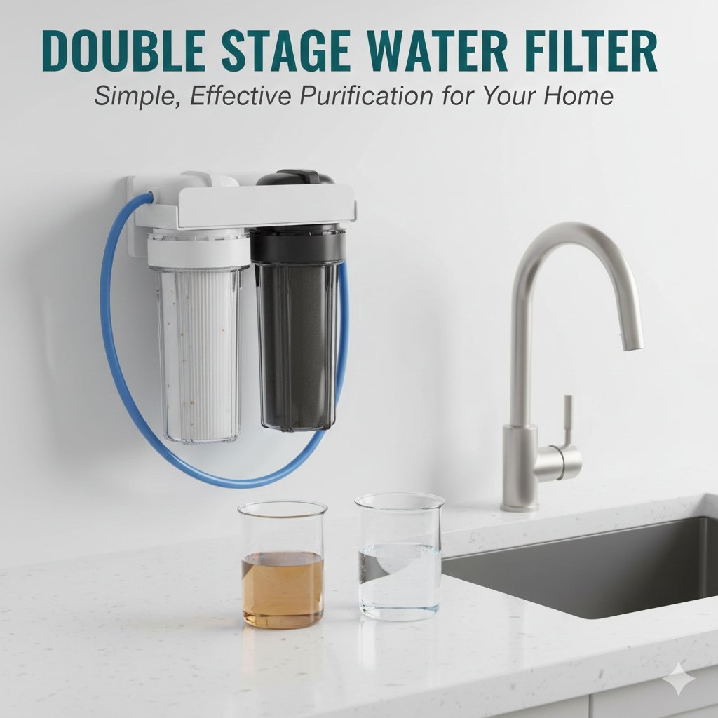Double stage water filter unit for under-sink installation, showcasing two sequential cartridges designed for effective sediment and chlorine removal. An essential component from a pp cotton household water purifier company.