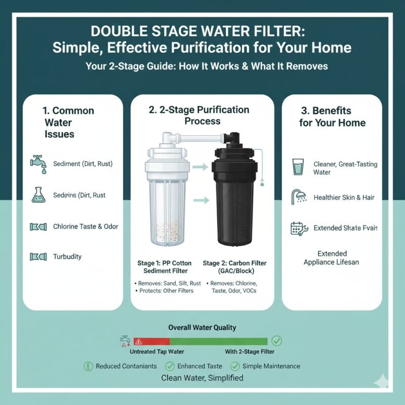 Schematic diagram detailing the double stage water filter process: the first stage features a pp cotton sediment filter, followed by a second stage of activated carbon. Clear filtering steps from a pp cotton household water purifier company.