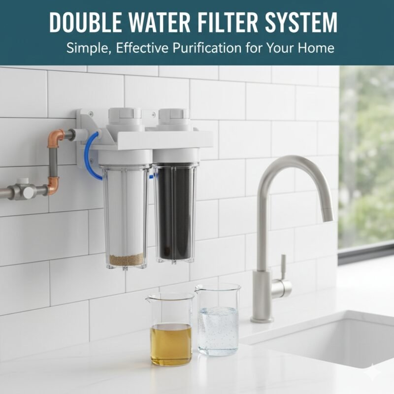 Double water filter system for home use, featuring two distinct housing units that provide efficient sediment and taste/odor reduction for drinking water. Quality product from a pp cotton household water purifier company.