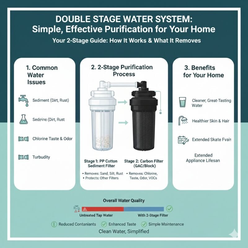 Detailed visual of a double water filter system installation, showing the flow of water first through a pp cotton filter and then through a carbon filter block for enhanced purification. Installation tips from a pp cotton household water purifier company.