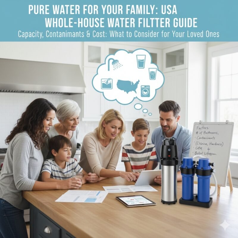 Factors to consider when choosing whole-house water filter large family usa. A family reviewing system specs and water test results, emphasizing high flow rate, from a pp cotton household water purifier company.