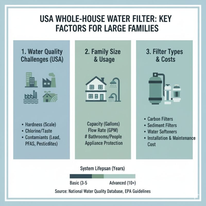 Infographic showing key factors to consider for US whole-house water filter selection: Contaminant removal, flow capacity, and NSF certification. Guide by a pp cotton household water purifier company.