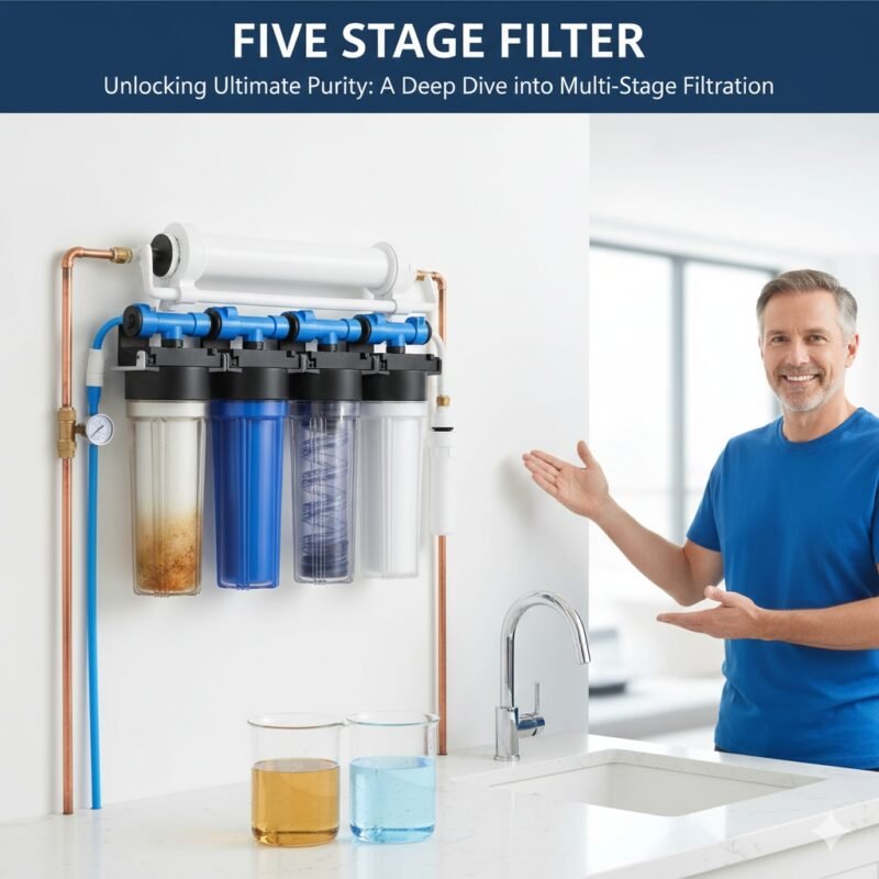 Five stage filter unit with transparent housing showing the progression of five distinct cartridges, symbolizing a comprehensive multi-barrier approach to water purification. Advanced filtration technology from a pp cotton household water purifier company.