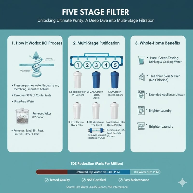 Detailed flow diagram of a five stage filter system, clearly marking the stages including the initial pp cotton sediment filter, multiple carbon blocks, and a final polishing filter. Explaining depth filtration by a pp cotton household water purifier company.